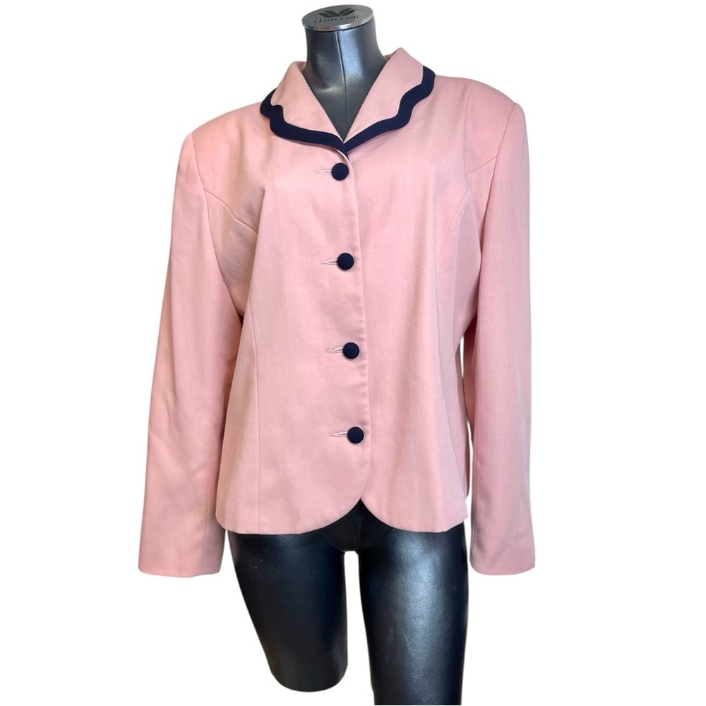 Vintage Pink Navy Accent Career Blazer Jacket KORET Womens Sailor Collar Sz 16